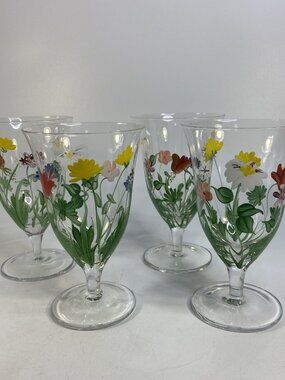 4 Royal Danube Water Wine Goblet Glass Romanian Blown Crystal Hand Painted 7in